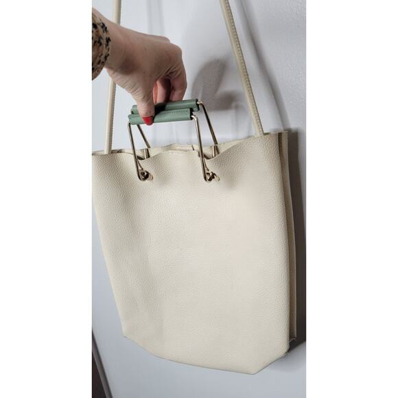 Zara Tote Bag Large Ivory Jade Faux Leather Gold Metal Handles Shoulder Purse - Picture 2 of 7